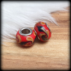 2 Großlochperlen, Glas, Rot, 14mm, mit Metallkern